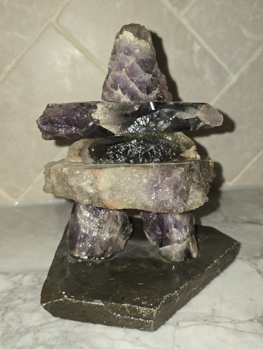 Vintage Inukshuk Figure Purple Amethyst Stone Carving Statue Sculpture